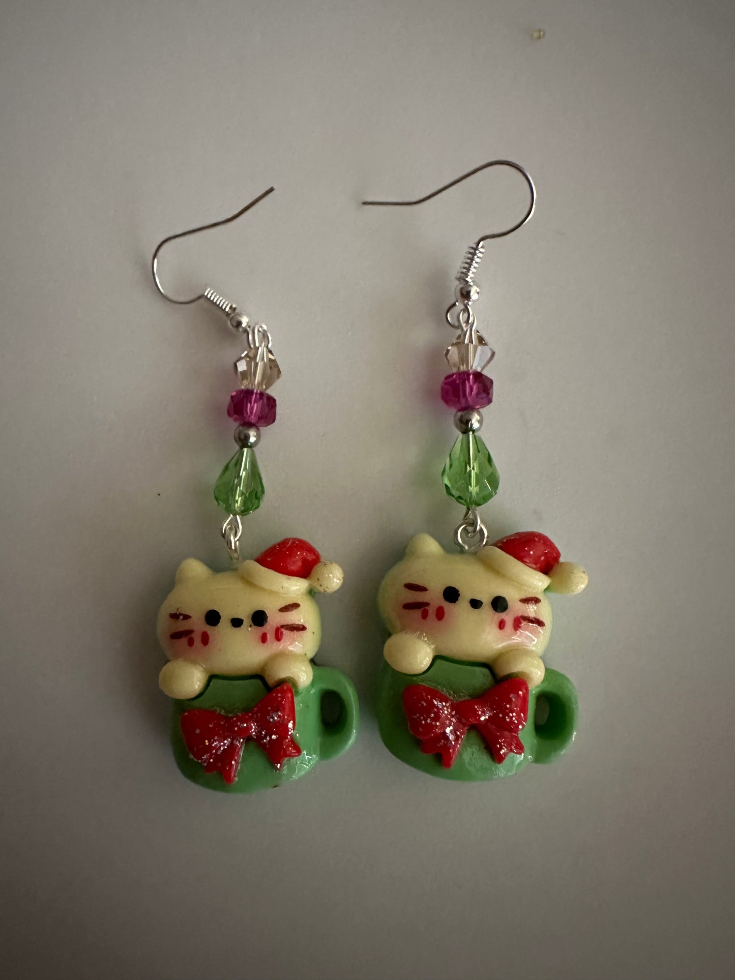 Festive Christmas Cat in Mug Earrings - Clay & Resin Holiday Jewelry