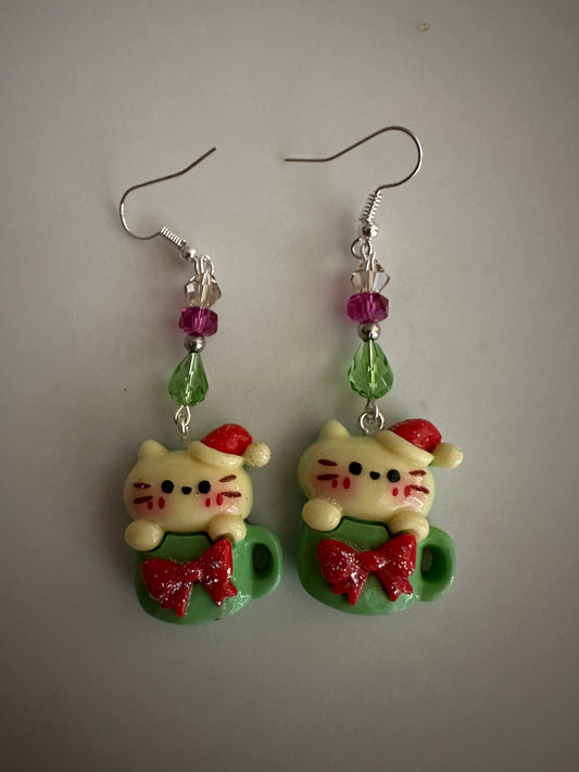 Festive Christmas Cat in Mug Earrings - Clay & Resin Holiday Jewelry