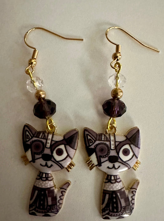 Black Colorful Cat Enamel Charm Earrings - Abstract Dangle Jewelry