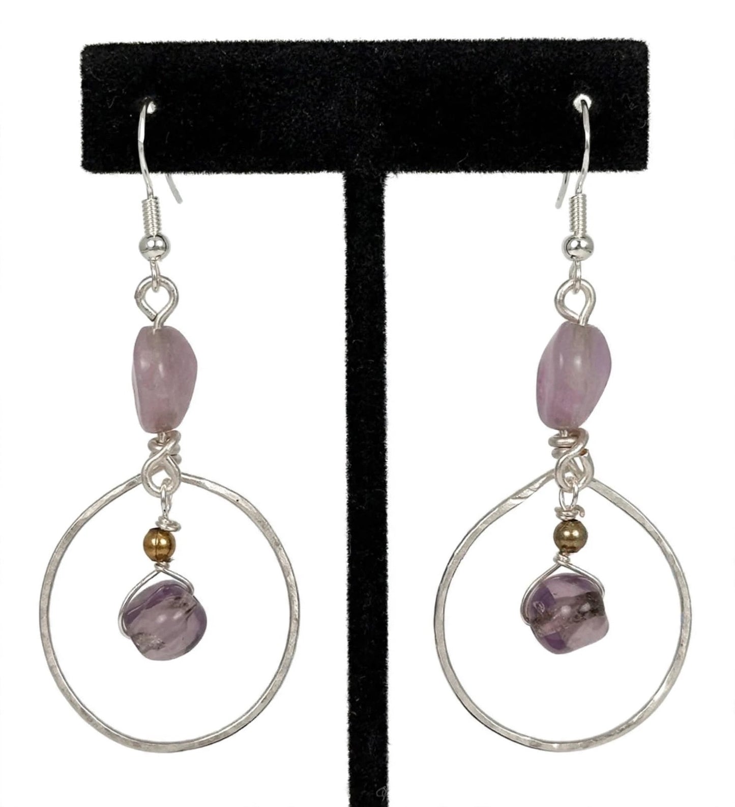 Pink & Purple Gemstone Metal Wire Earrings - Minimalist Dangle Jewelry