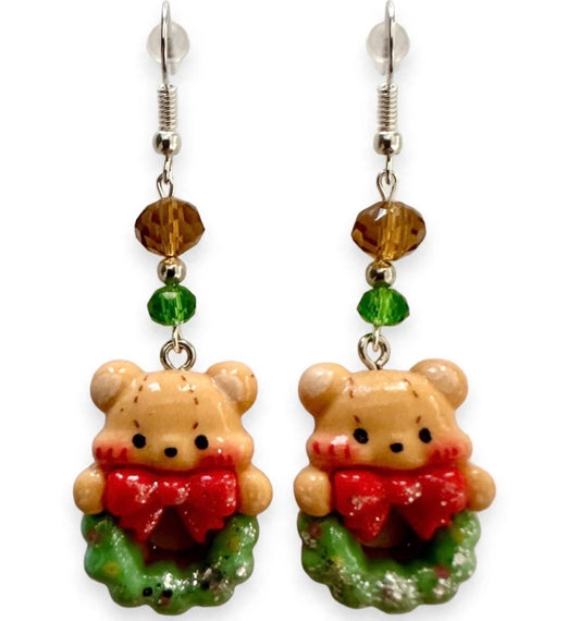 Christmas Bear Wreath Dangle Clay Resin Earrings - Festive Handmade Holiday Jewelry
