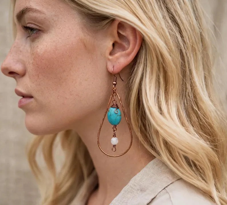 Handmade Boho Turquoise & Copper Teardrop Earrings - Moonstone Wire-Wrapped Dangle Jewelry