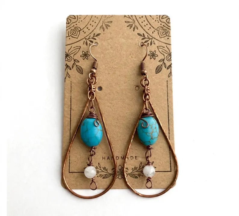 Handmade Boho Turquoise & Copper Teardrop Earrings - Moonstone Wire-Wrapped Dangle Jewelry