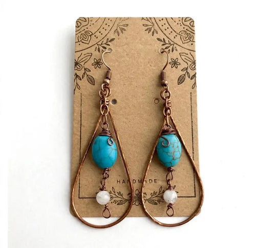 Handmade Boho Turquoise & Copper Teardrop Earrings - Moonstone Wire-Wrapped Dangle Jewelry