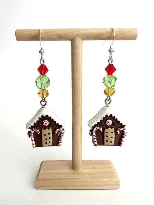 Gingerbread House Christmas Earrings - Holiday Clay & Resin Dangle Jewelry