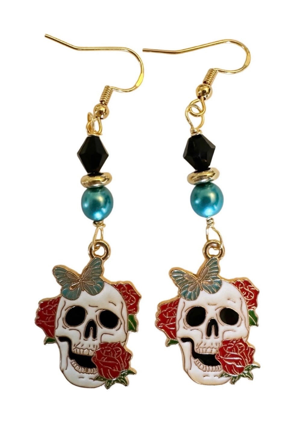 Butterfly Red Rose Sugar Skull Enamel Earrings - Elegant Dangle Jewelry