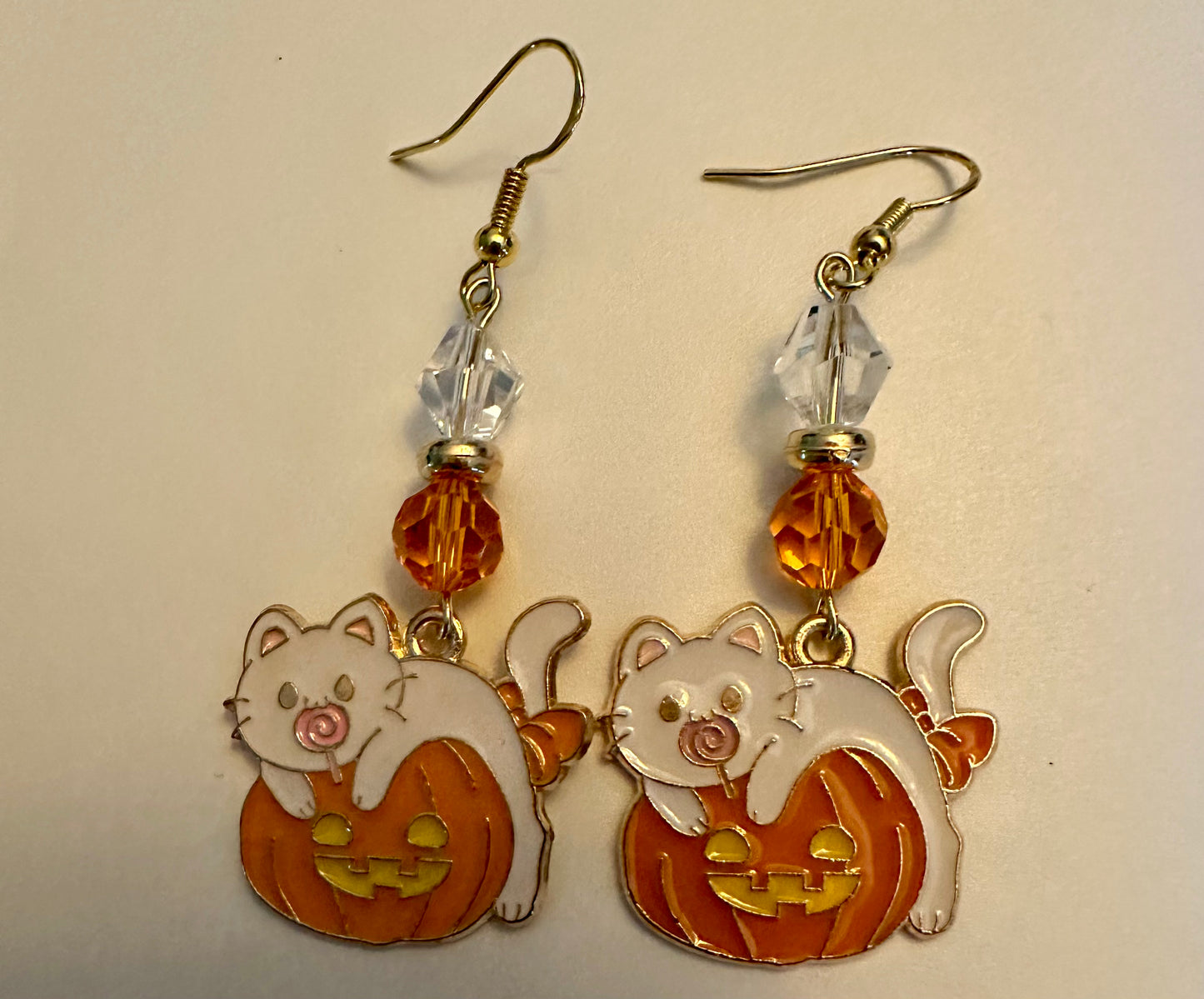 Halloween White Cat & Pumpkin Enamel Earrings - Festive Dangle Jewelry