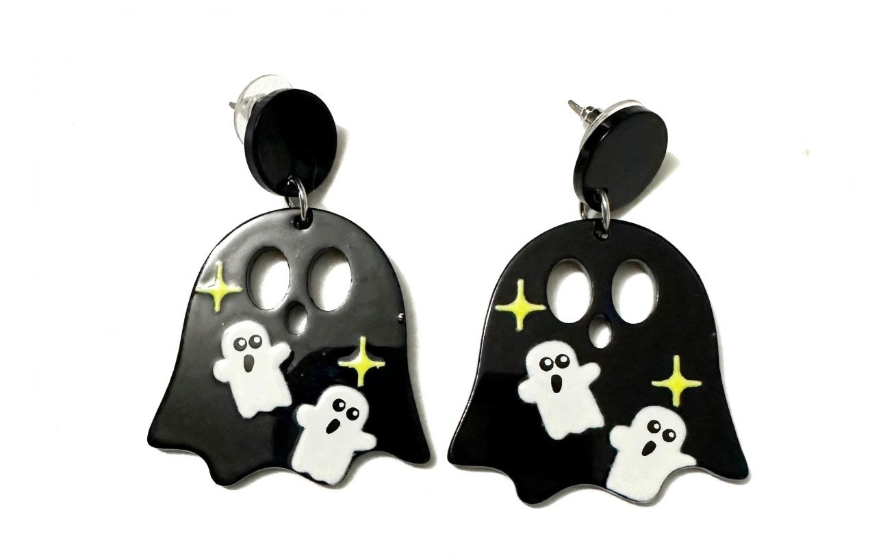 Black Sparkly Ghost Acrylic Earrings - Cute Halloween Stud Jewelry
