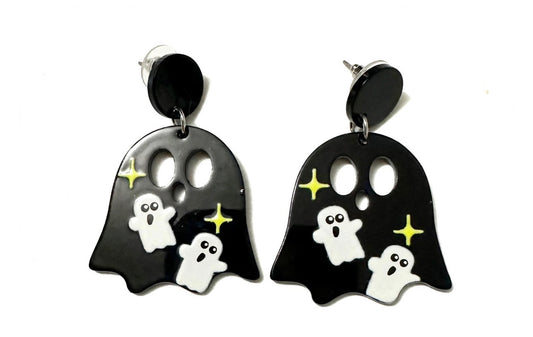 Black Sparkly Ghost Acrylic Earrings - Cute Halloween Stud Jewelry