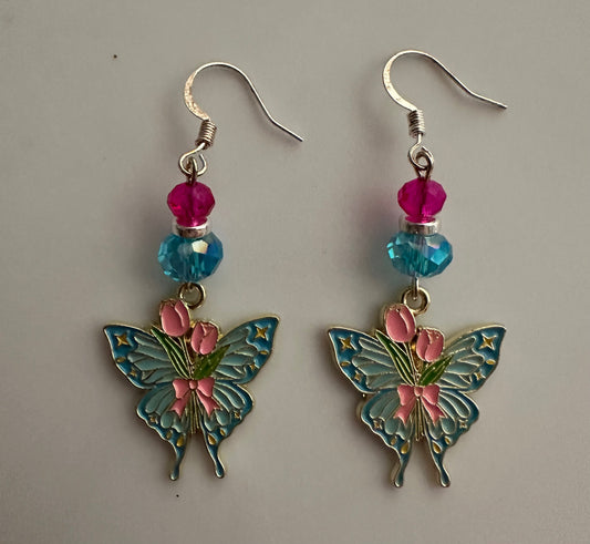 Pink Flowers Butterfly Enamel Earrings - Whimsical Dangle Jewelry