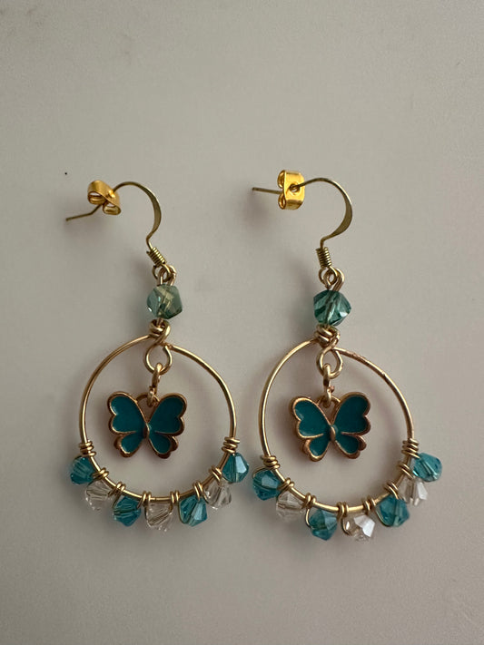 Gold & Blue Butterfly Metal Earrings - Elegant Hoop Jewelry