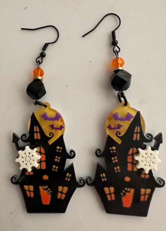 Haunted House Full Moon Acrylic Earrings - Halloween Dangle Jewelry