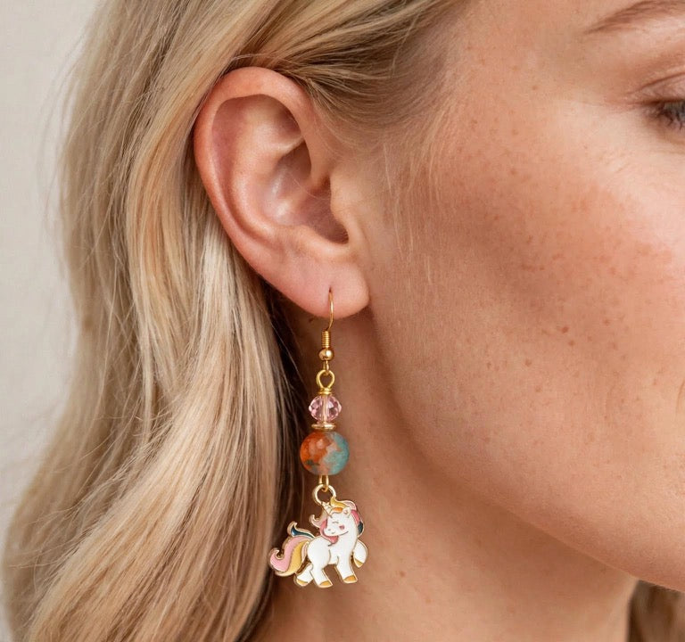 Golden Unicorn Enamel Earrings - Playful Dangle Jewelry