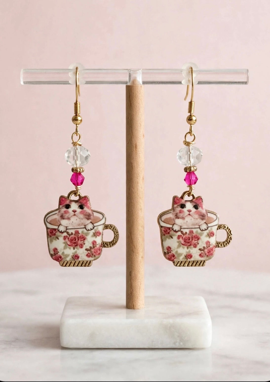 Cute Teacup Kitty Enamel Earrings - Adorable Floral Dangle Jewelry