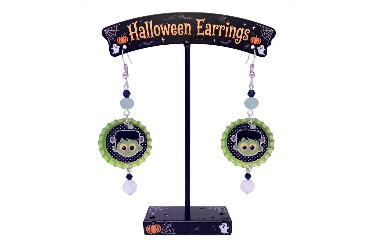 Super Kawaii Frankensteins Monster Bottlecap Earrings - Spooky Cute Dangle Jewelry