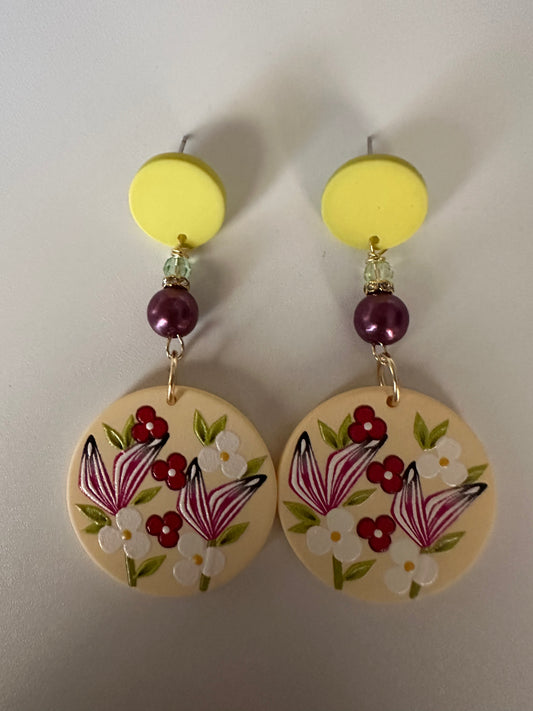 Rounded Floral Design Clay & Resin Earrings - Artisanal Dangle Jewelry
