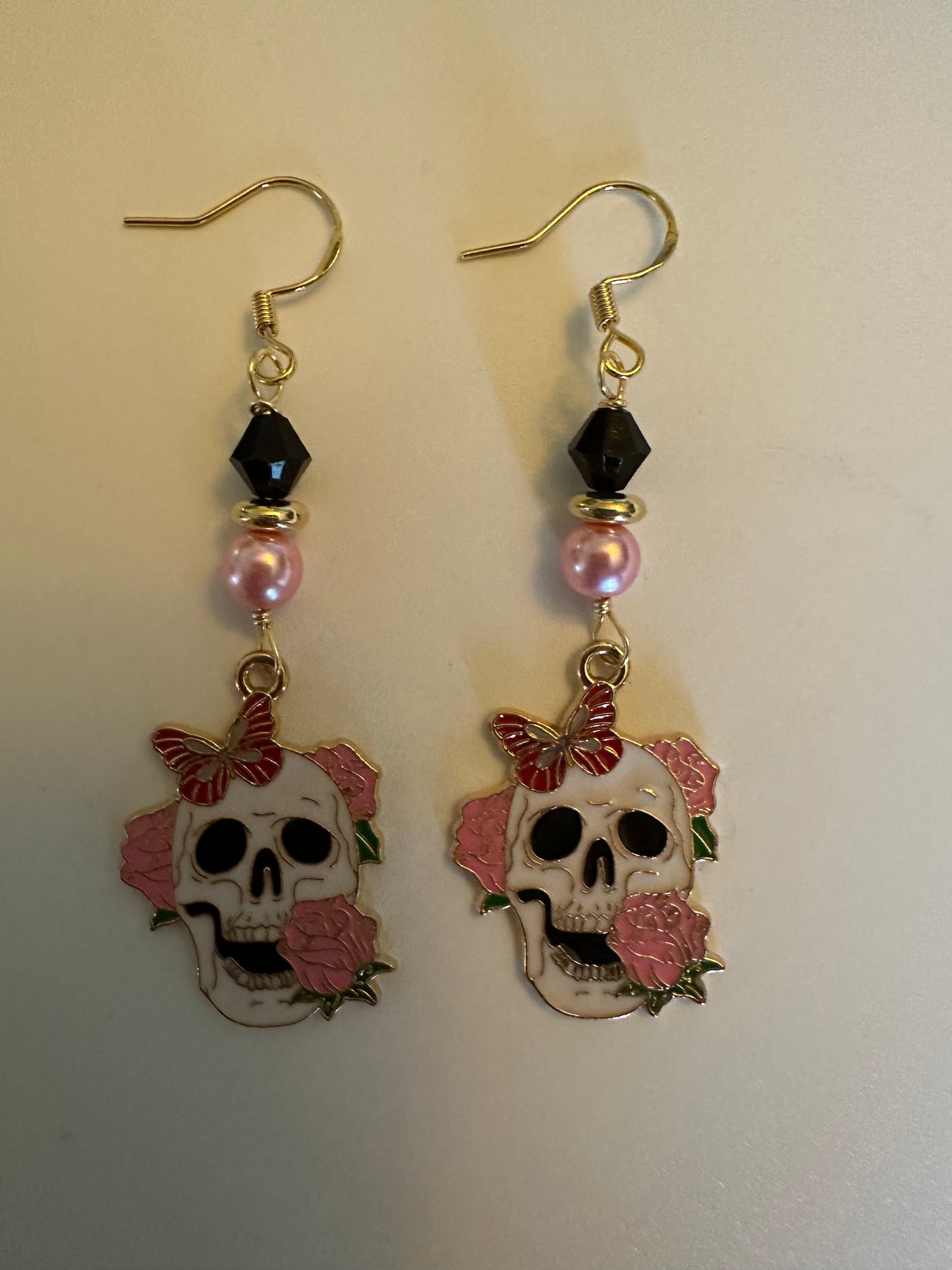 Pink Rose Sugar Skull Enamel Earrings - Day of the Dead Dangle Jewelry