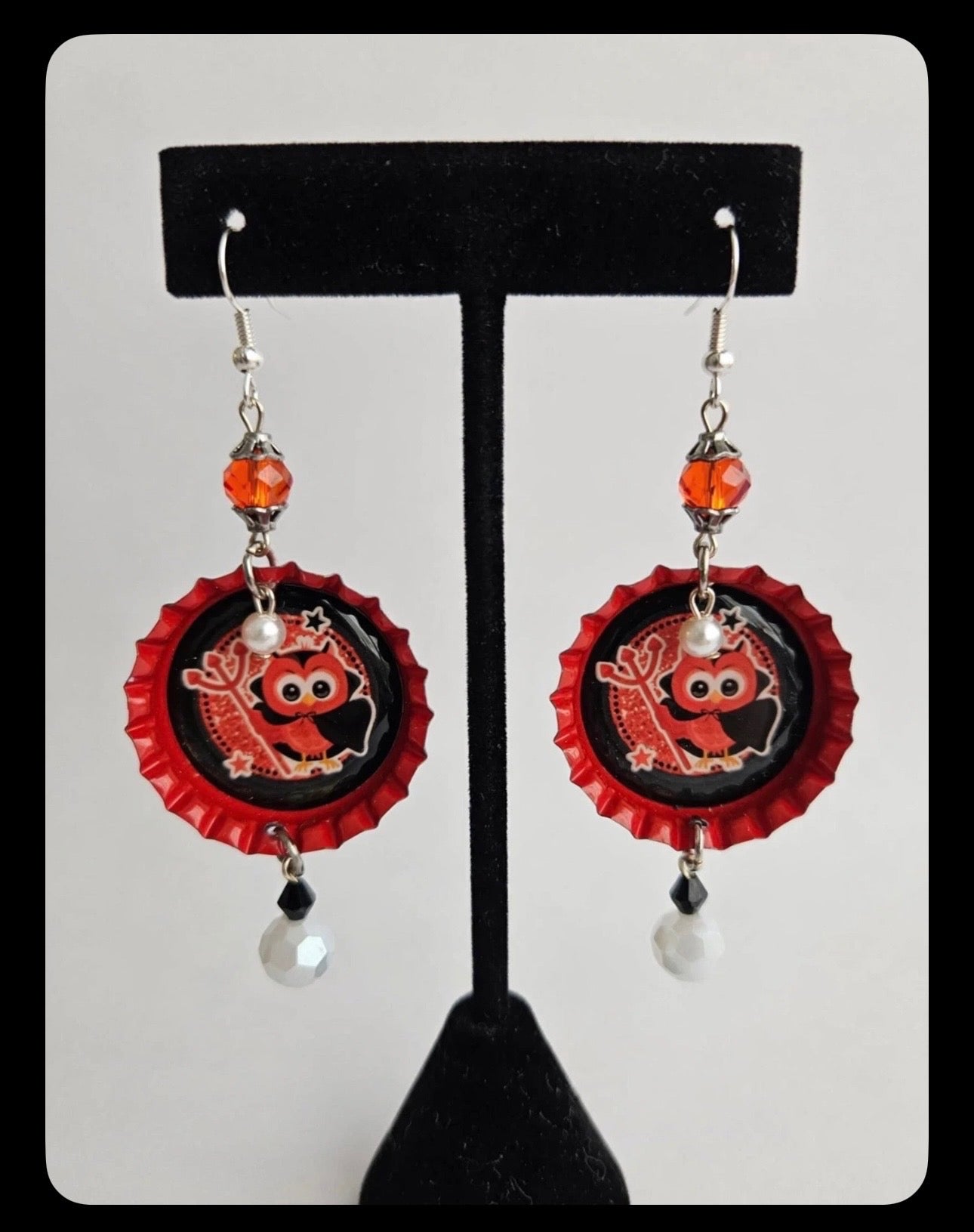 Delightfully Evil Owl Bottlecap Earrings - Cute Dangle Jewelry