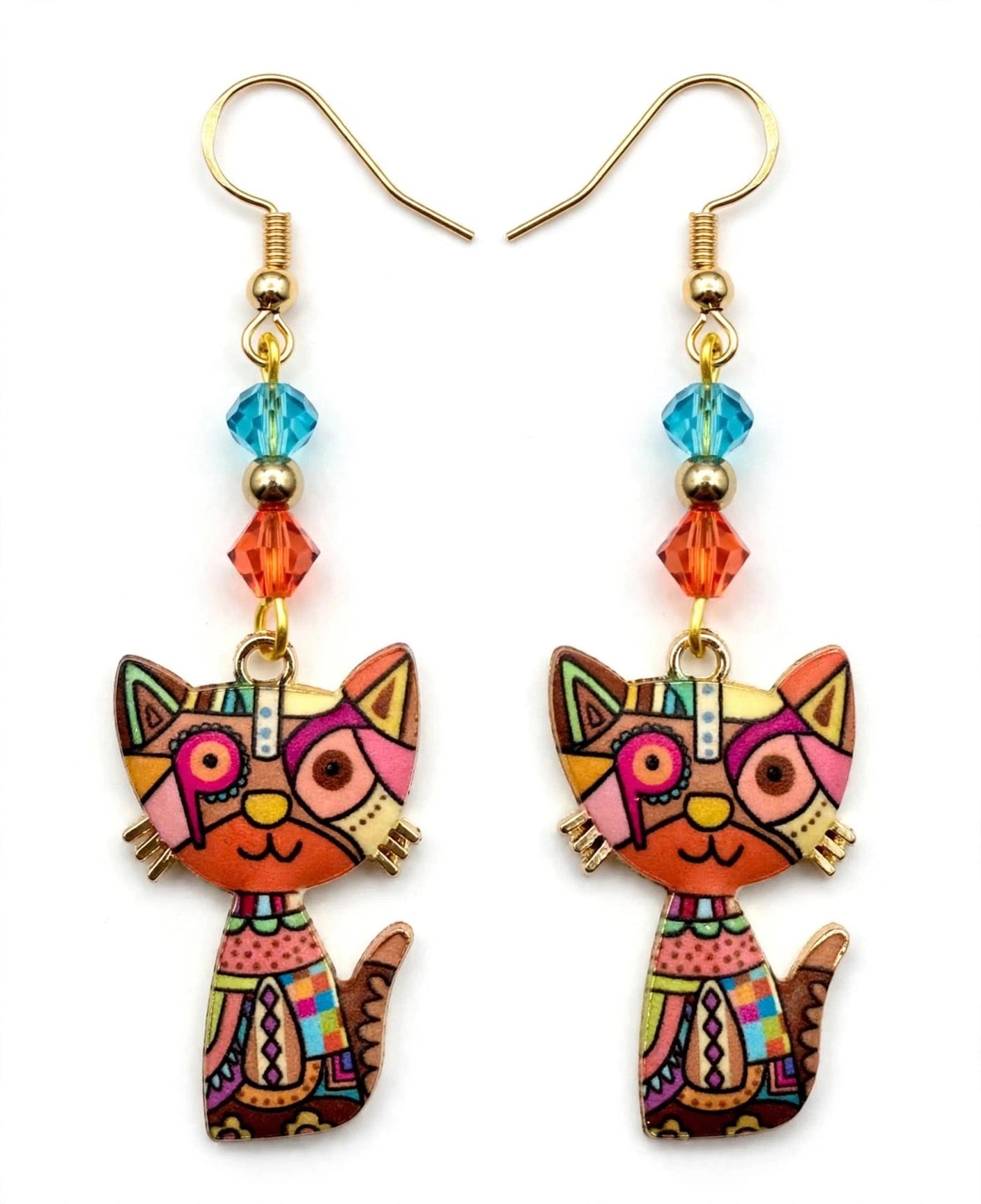 Orange Colorful Cat Enamel Charm Earrings - Abstract Dangle Jewelry