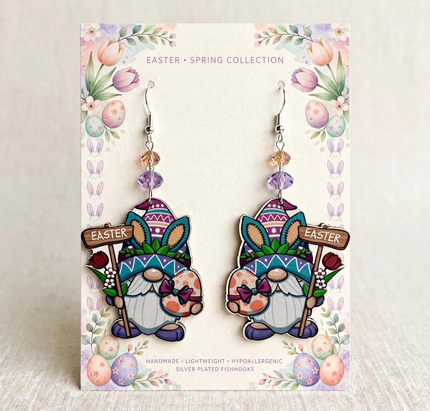 Easter Sign Gnome Wood Earrings - Colorful Dangle Jewelry