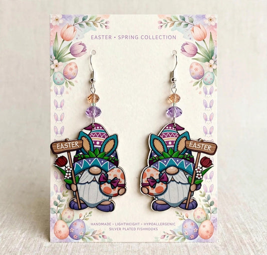 Easter Sign Gnome Wood Earrings - Colorful Dangle Jewelry