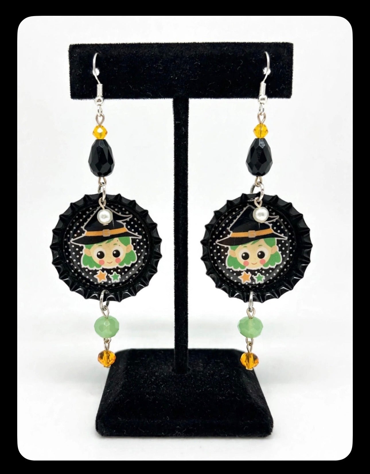 Halloween Green Witch Bottlecap Earrings - Sweet Dangle Jewelry
