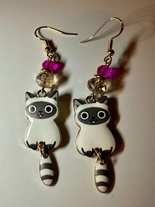 Swinging Cutie Kitty - Siamese Cat Enamel Earrings - Dangle Jewelry