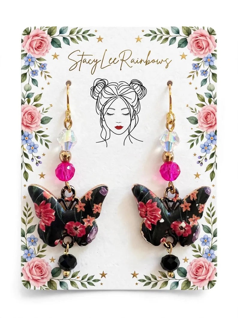 Blooming Butterfly Enamel Earrings - Floral Dangle Jewelry