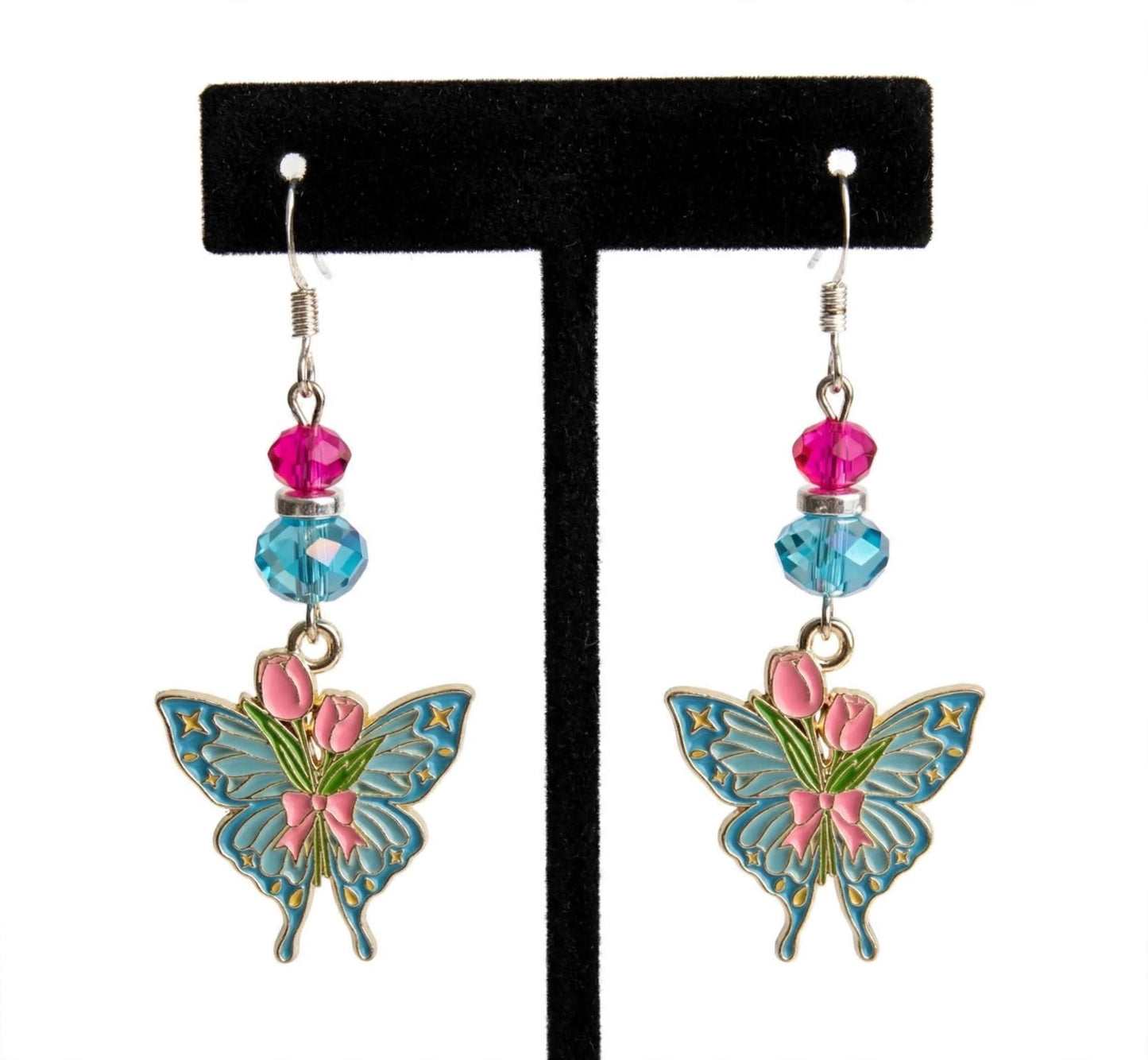 Pink Flowers Butterfly Enamel Earrings - Whimsical Dangle Jewelry