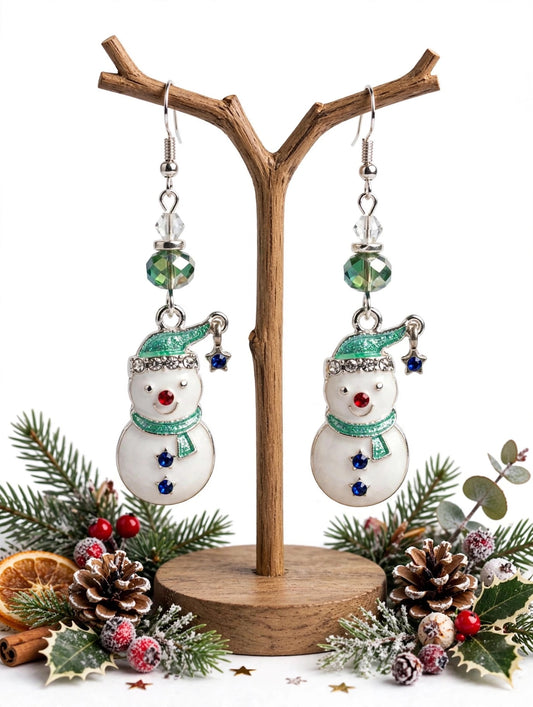 Glittery Cute Snowman Clay & Resin Earrings - Festive Kawaii Dangle Jewelry