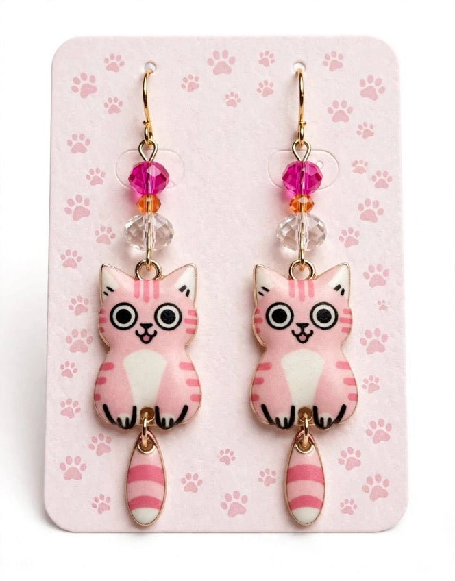 Swinging Cutie Kitty - Pink Bubblegum Cat Enamel Earrings - Dangle Jewelry