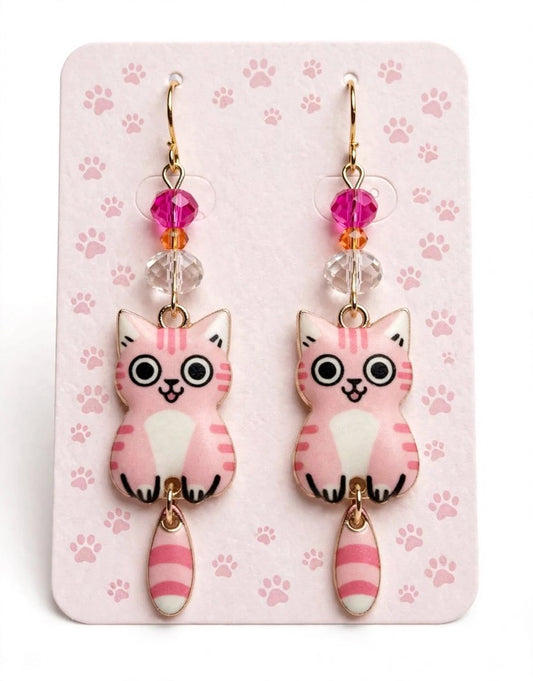 Swinging Cutie Kitty - Pink Bubblegum Cat Enamel Earrings - Dangle Jewelry