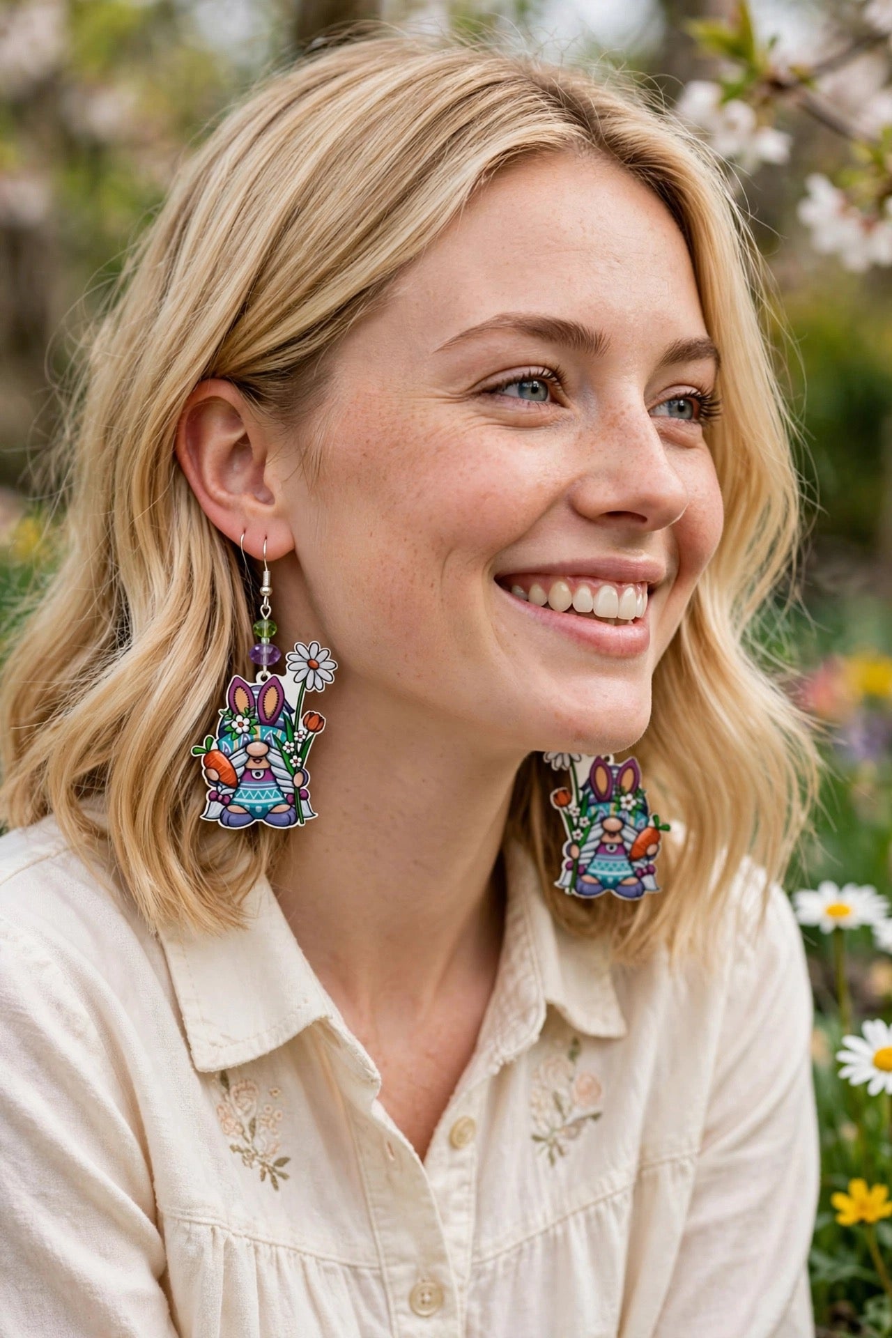 Charming Springtime Whimsical Gnome Wood Earrings - Delightful Dangle Jewelry