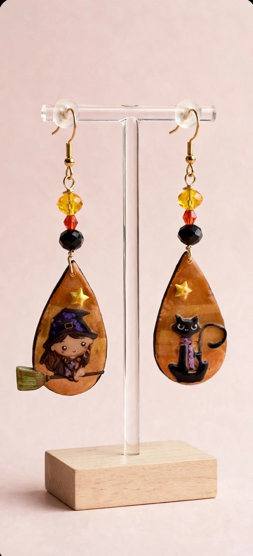 Dangle Clay Resin Teardrop Halloween Witch and Cat Earrings