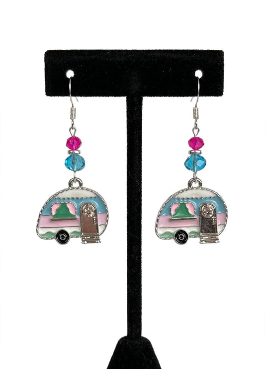Pink & Blue RV Camper Enamel Earrings - Retro Vibes Dangle Jewelry