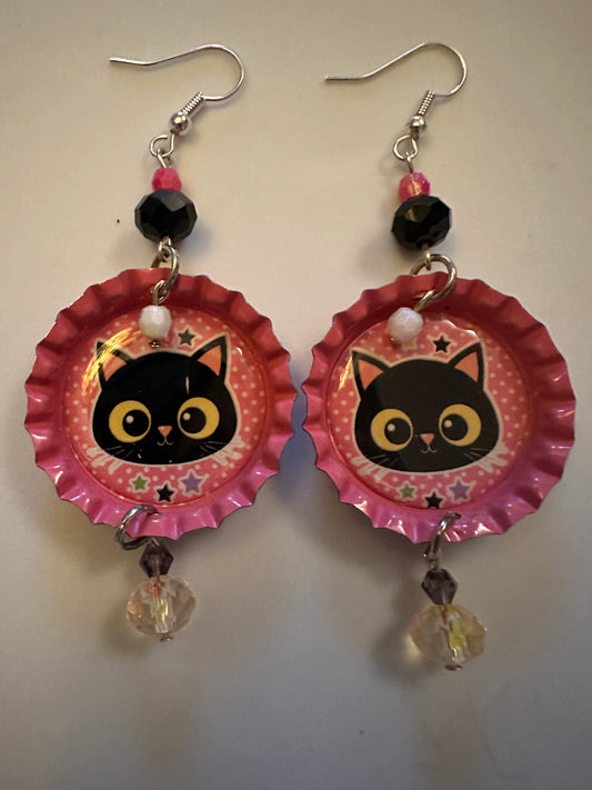 Starry Black Cat Bottlecap Earrings - Whimsical Cute Dangle Jewelry