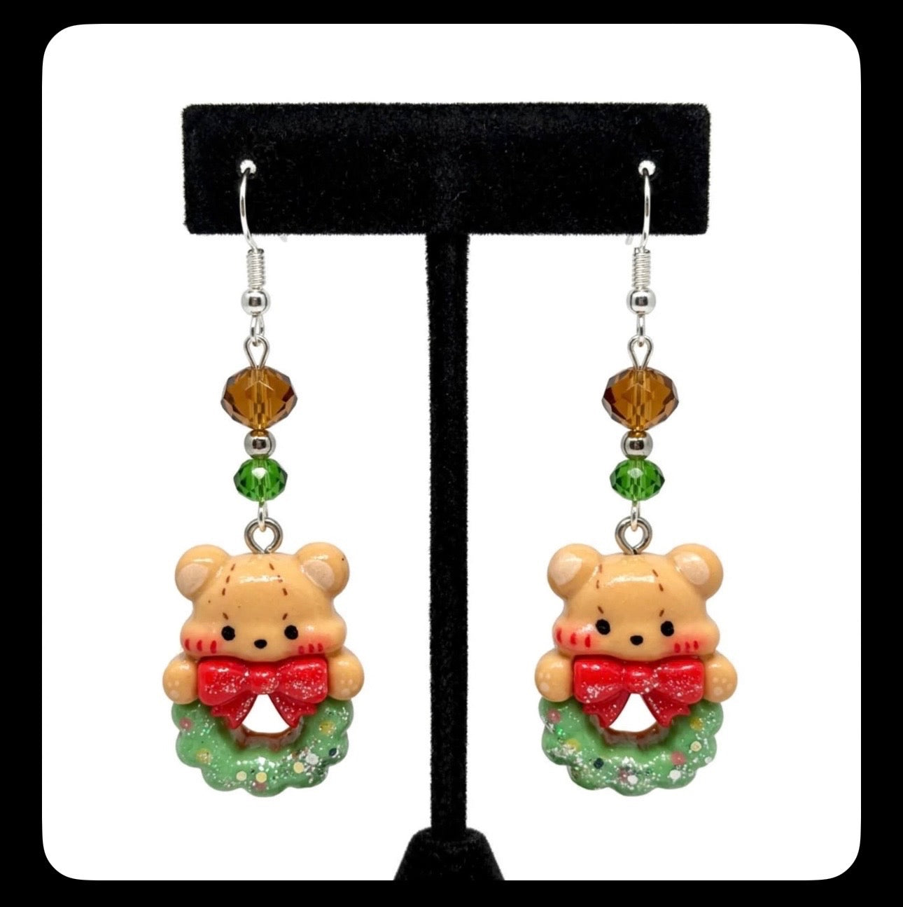 Christmas Bear Wreath Dangle Clay Resin Earrings - Festive Handmade Holiday Jewelry