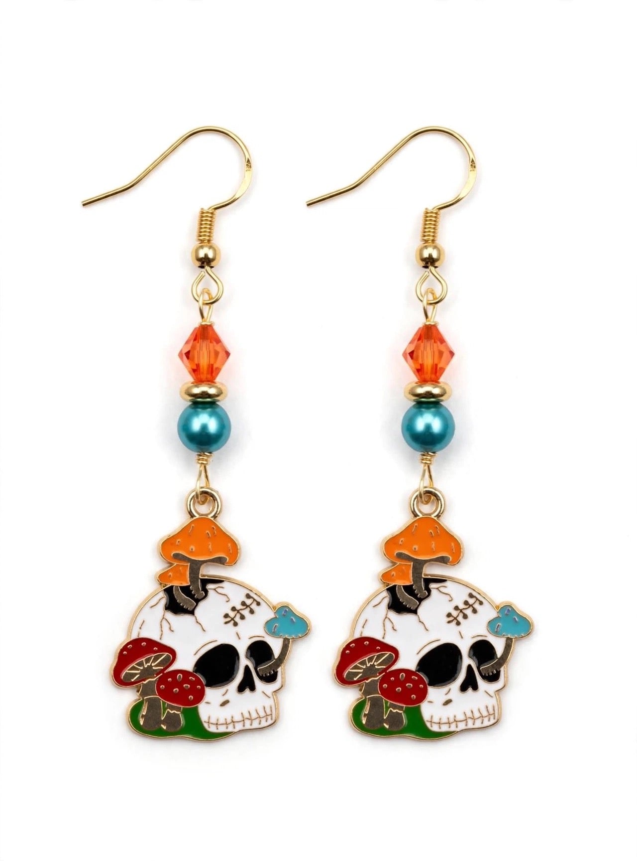 Mushroom Skull Enamel Earrings - Whimsical Dark Dangle Jewelry