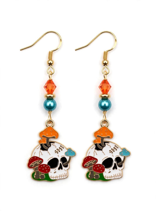 Mushroom Skull Enamel Earrings - Whimsical Dark Dangle Jewelry