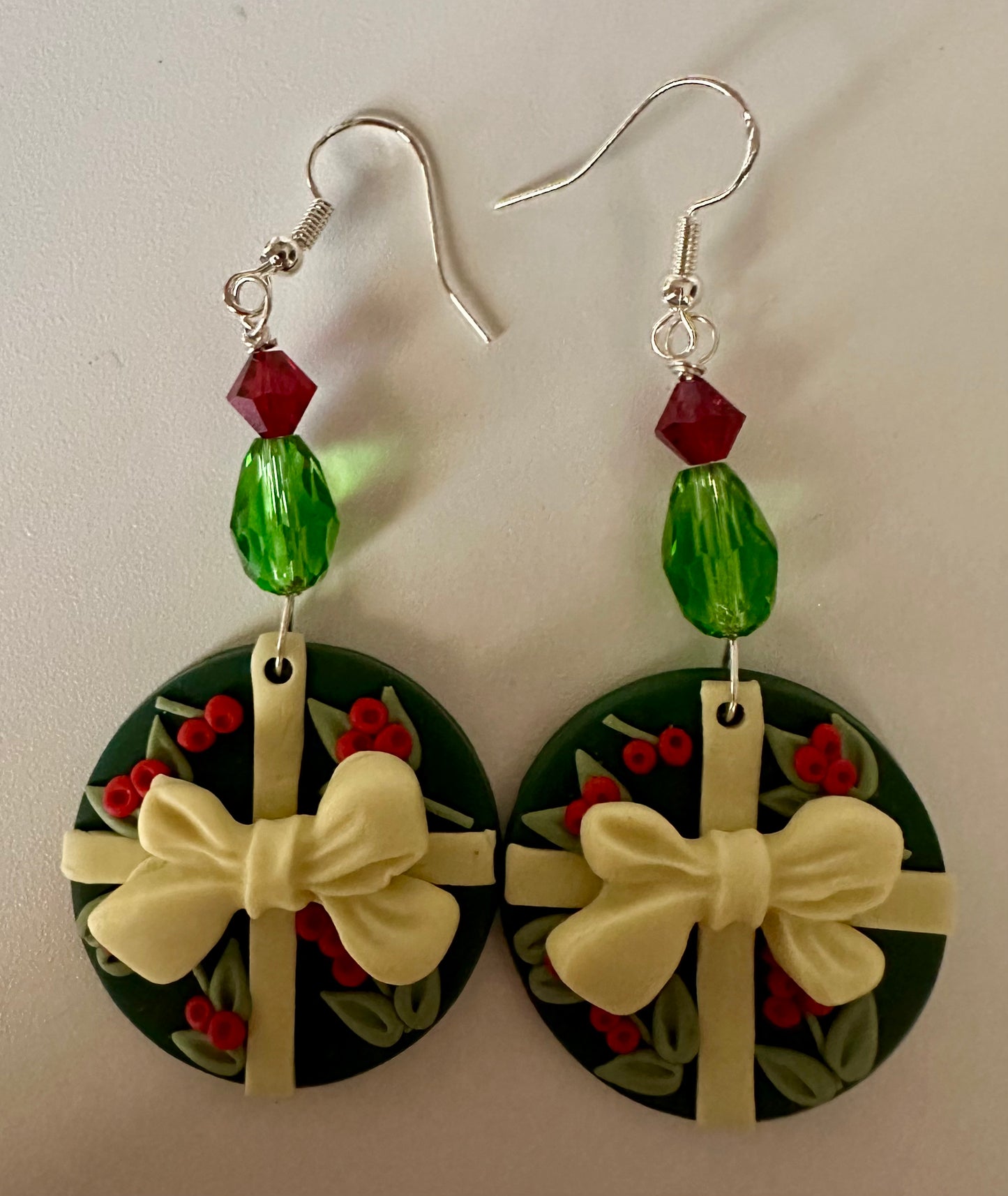 Rounded Holiday Bow Clay & Resin Earrings - Holiday Dangle Jewelry