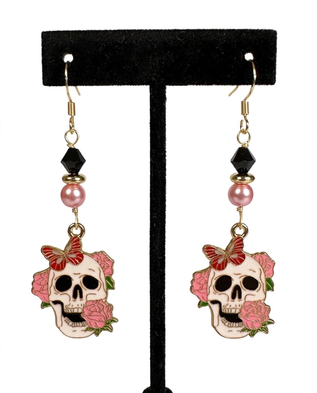 Pink Rose Sugar Skull Enamel Earrings - Day of the Dead Dangle Jewelry