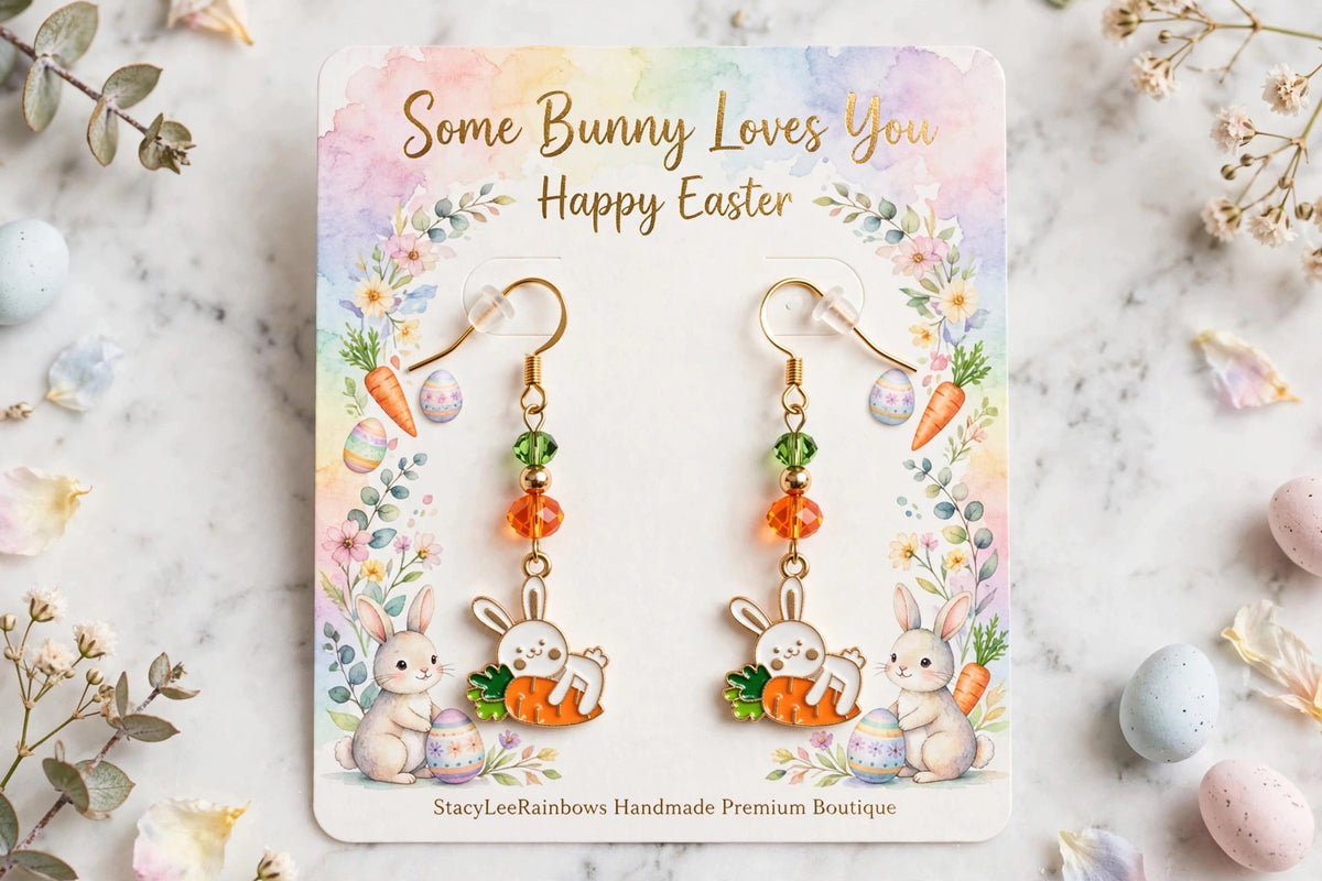 Carrot Cuddle Bunny Enamel Earrings - Cute Dangle Jewelry