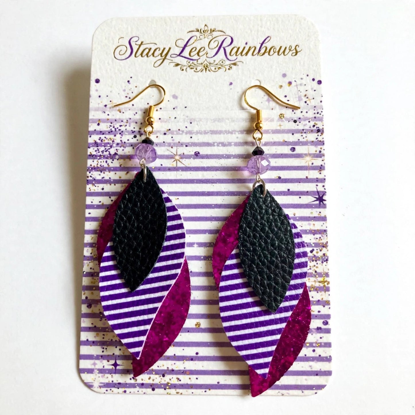 Purple Striped Faux Leather Earrings - Elegant Dangle Jewelry