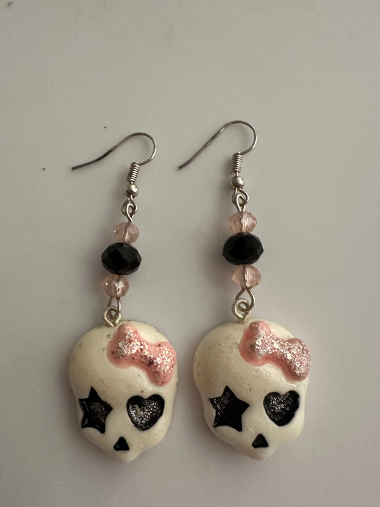 Hearts & Stars Skull Clay Resin Earrings - Gothic Dangle Jewelry