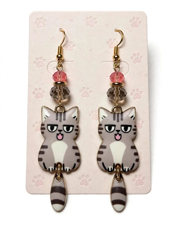 Swinging Cutie Kitty - Sassy Tabby Cat Enamel Earrings - Dangle Jewelry