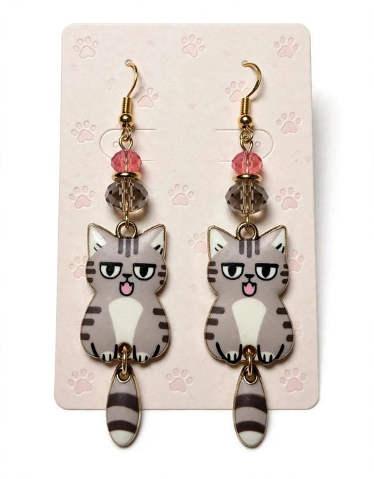 Swinging Cutie Kitty - Sassy Tabby Cat Enamel Earrings - Dangle Jewelry