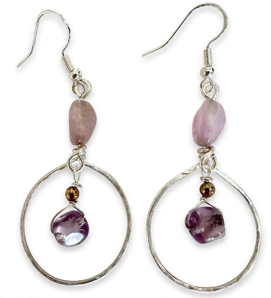 Pink & Purple Gemstone Metal Wire Earrings - Minimalist Dangle Jewelry