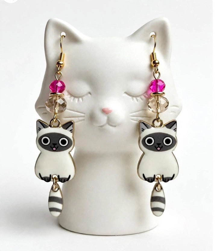 Swinging Cutie Kitty - Siamese Cat Enamel Earrings - Dangle Jewelry