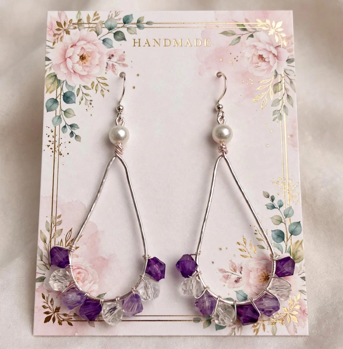 Crystal Beads Wire Frame Metal Earrings - Artisanal Teardrop Jewelry