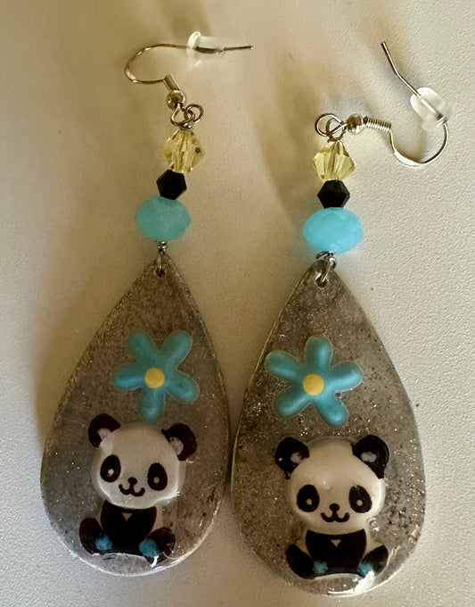 Whimsical Floral Panda Clay & Resin Earrings - Cute Teardrop Jewelry
